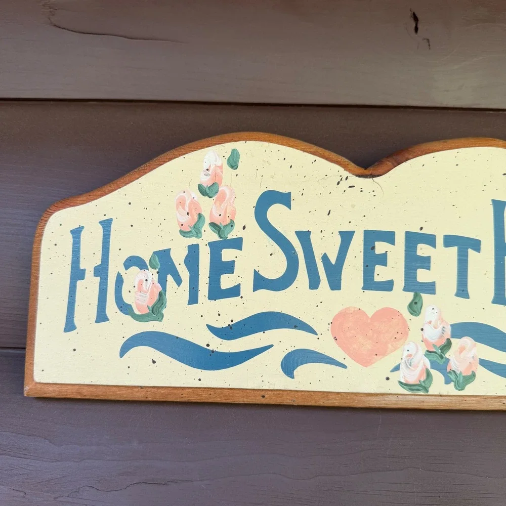 Hand Painted Wood Home Sweet Home Wall Sign Blue Pink Cream Rustic Folk Art